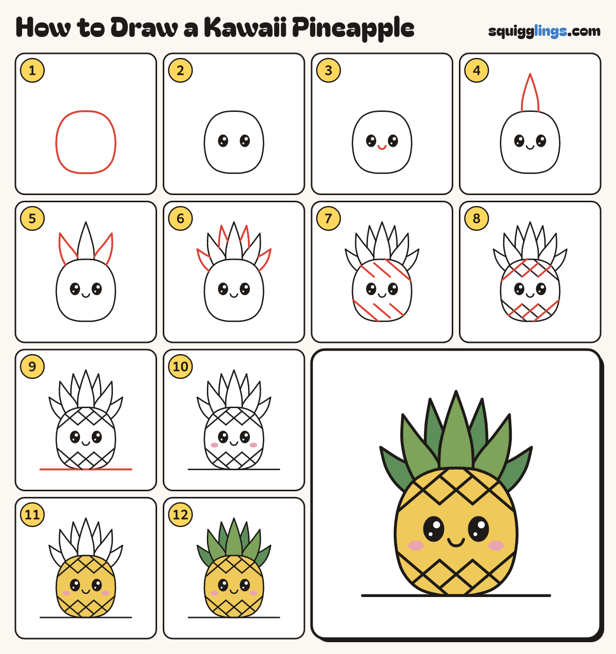How to Draw a Kawaii Pineapple step by step: all 12 steps in one picture