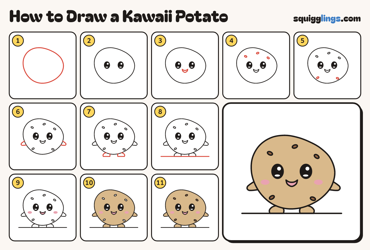 How to Draw a Kawaii Potato step by step: all 11 steps in one picture