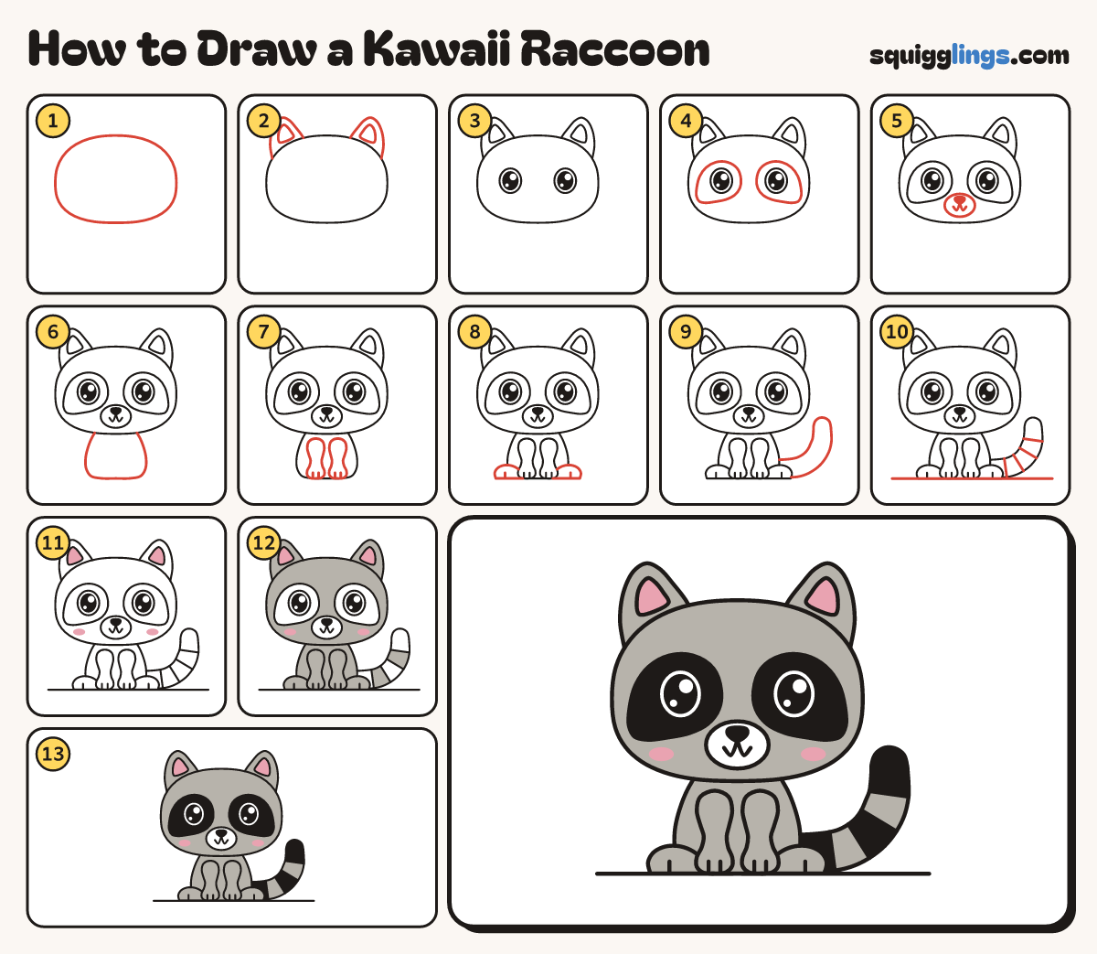 How to Draw a Kawaii Raccoon step by step: all 13 steps in one picture