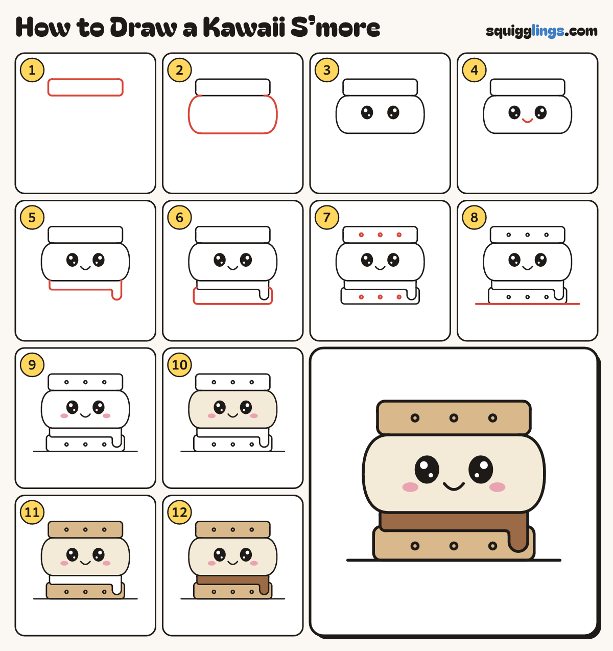 How to Draw a Kawaii S’more step by step: all 12 steps in one picture
