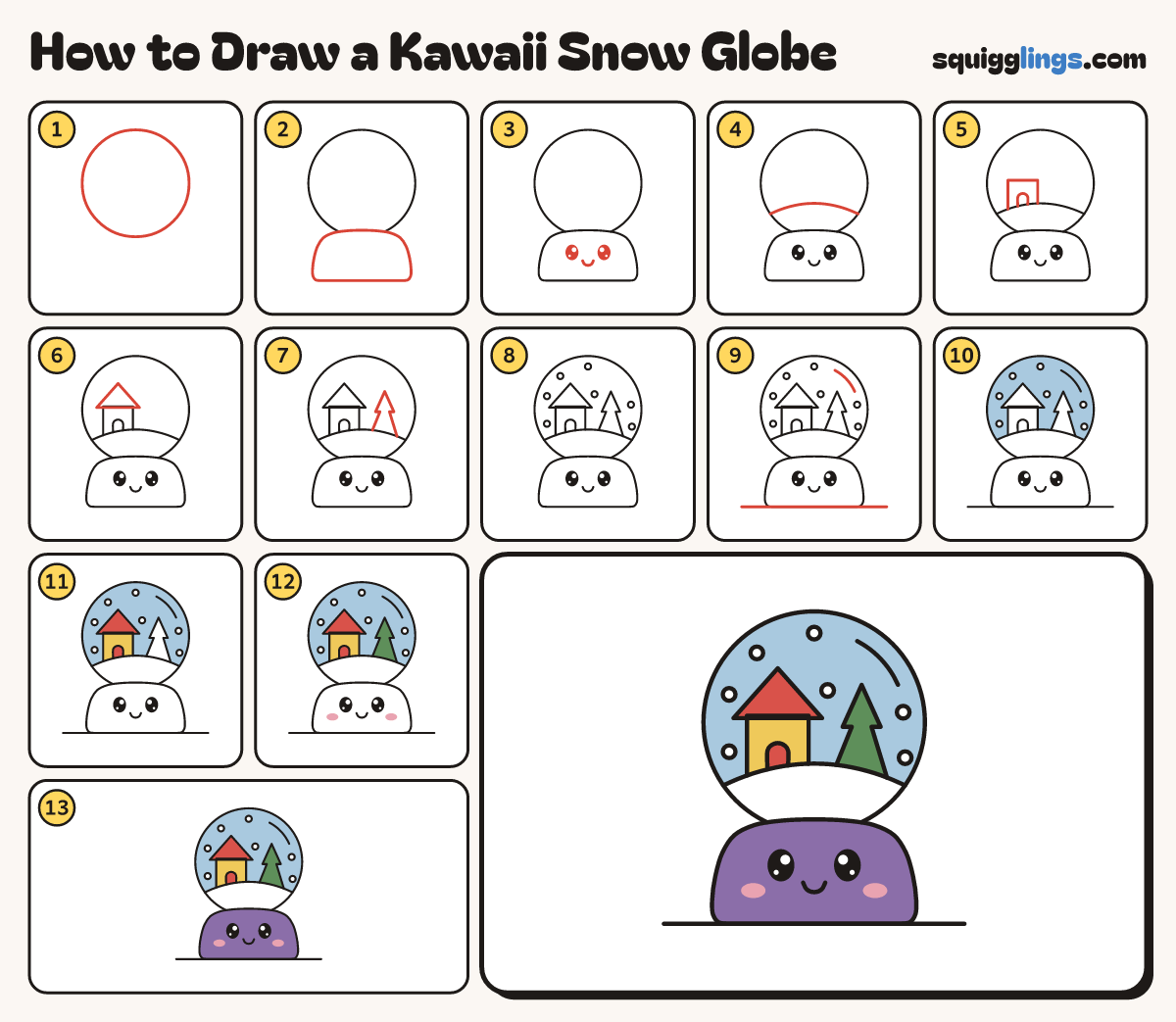 How to Draw a Kawaii Snow Globe step by step: all 13 steps in one picture