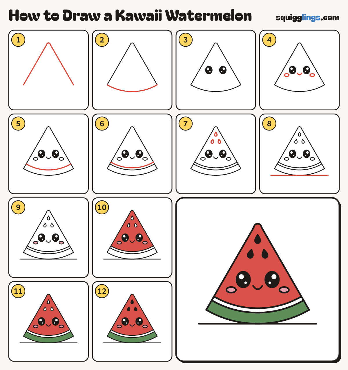 How to Draw a Kawaii Watermelon step by step: all 12 steps in one picture