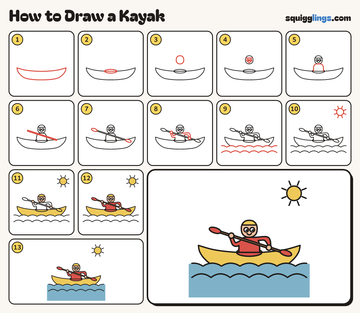 How to Draw a Kayak step by step: all 13 steps in one picture