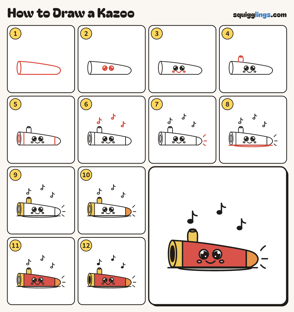 How to Draw a Kazoo step by step: all 12 steps in one picture