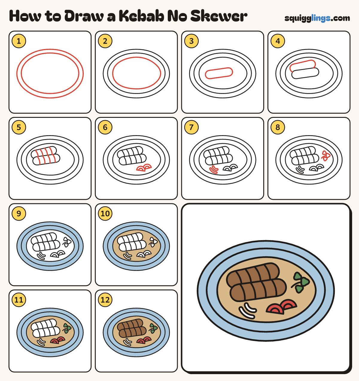 How to Draw a Kebab No Skewer step by step: all 12 steps in one picture