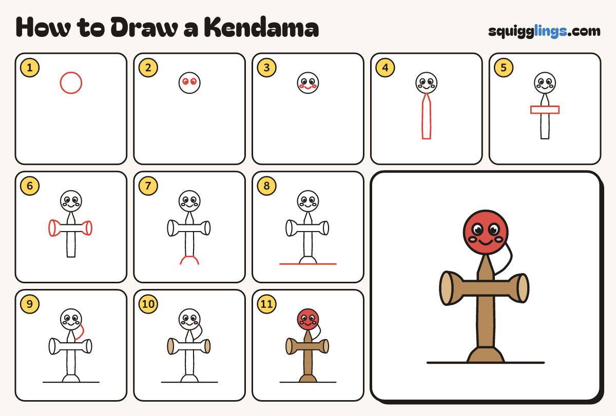 How to Draw a Kendama step by step: all 11 steps in one picture