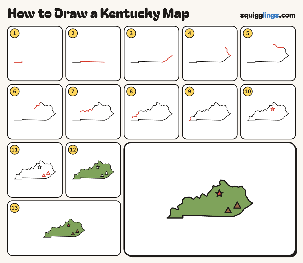 How to Draw a Kentucky Map step by step: all 13 steps in one picture