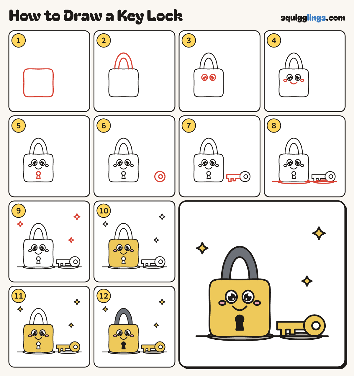 How to Draw a Key Lock step by step: all 12 steps in one picture