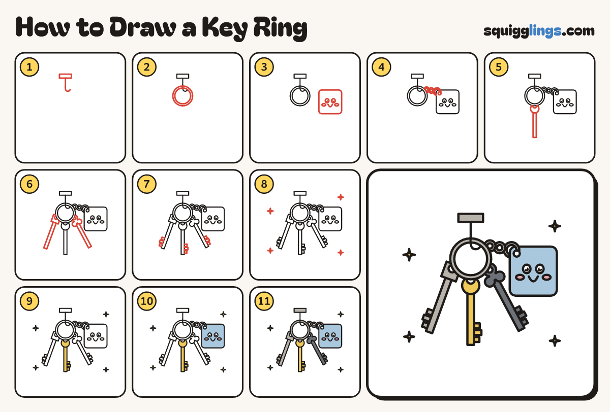 How to Draw a Key Ring step by step: all 11 steps in one picture