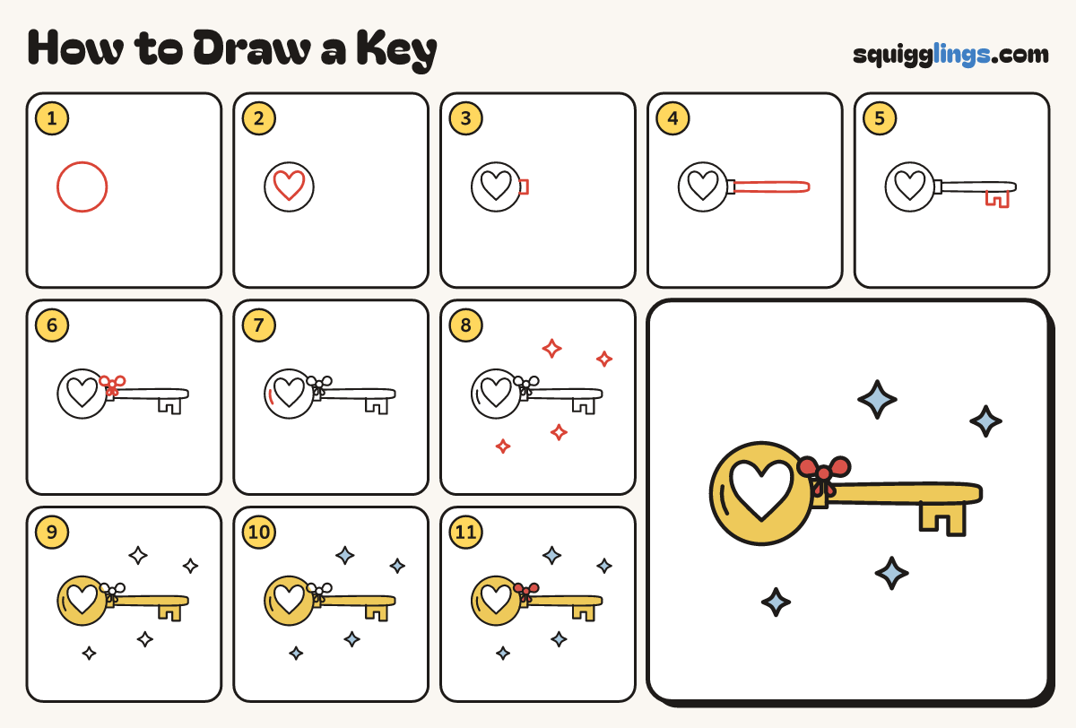 How to Draw a Key step by step: all 11 steps in one picture