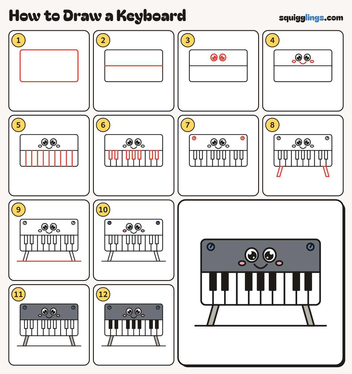 How to Draw a Keyboard step by step: all 12 steps in one picture