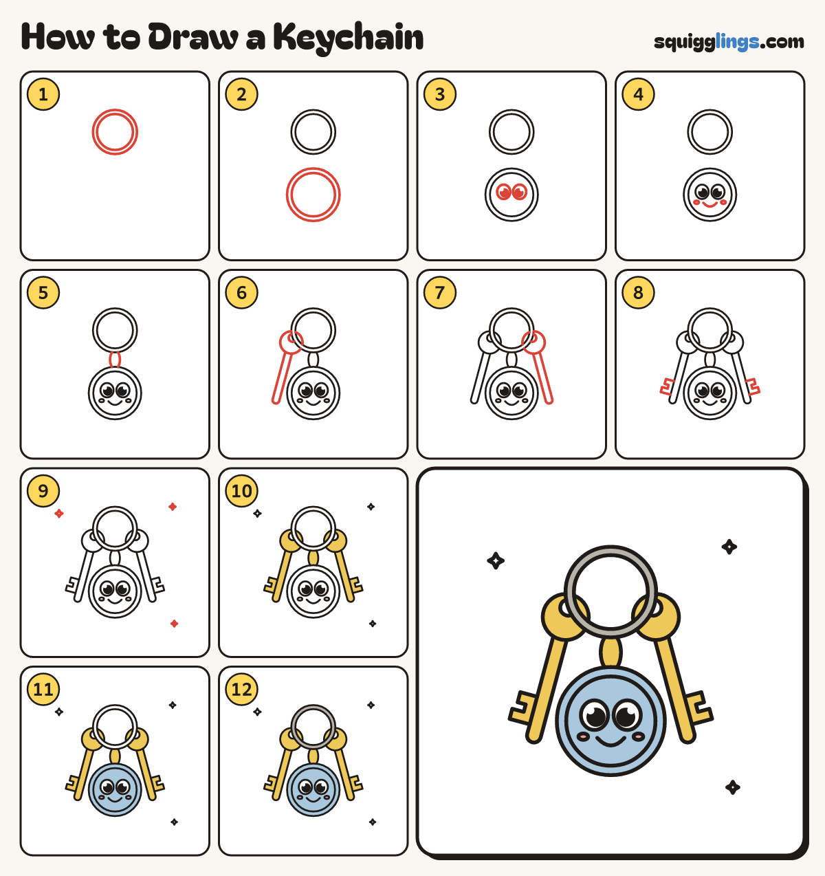 How to Draw a Keychain step by step: all 12 steps in one picture