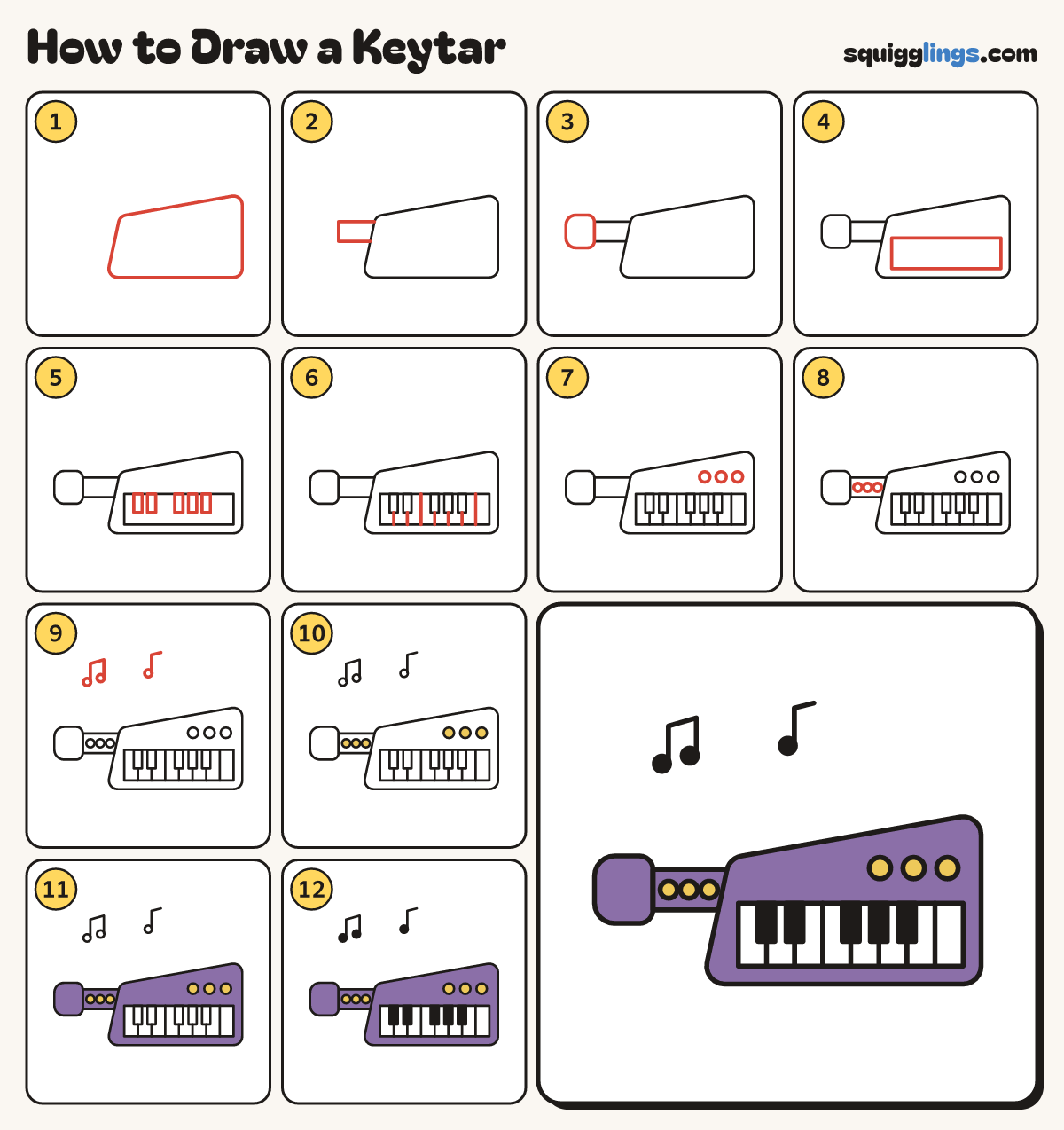 How to Draw a Keytar step by step: all 12 steps in one picture