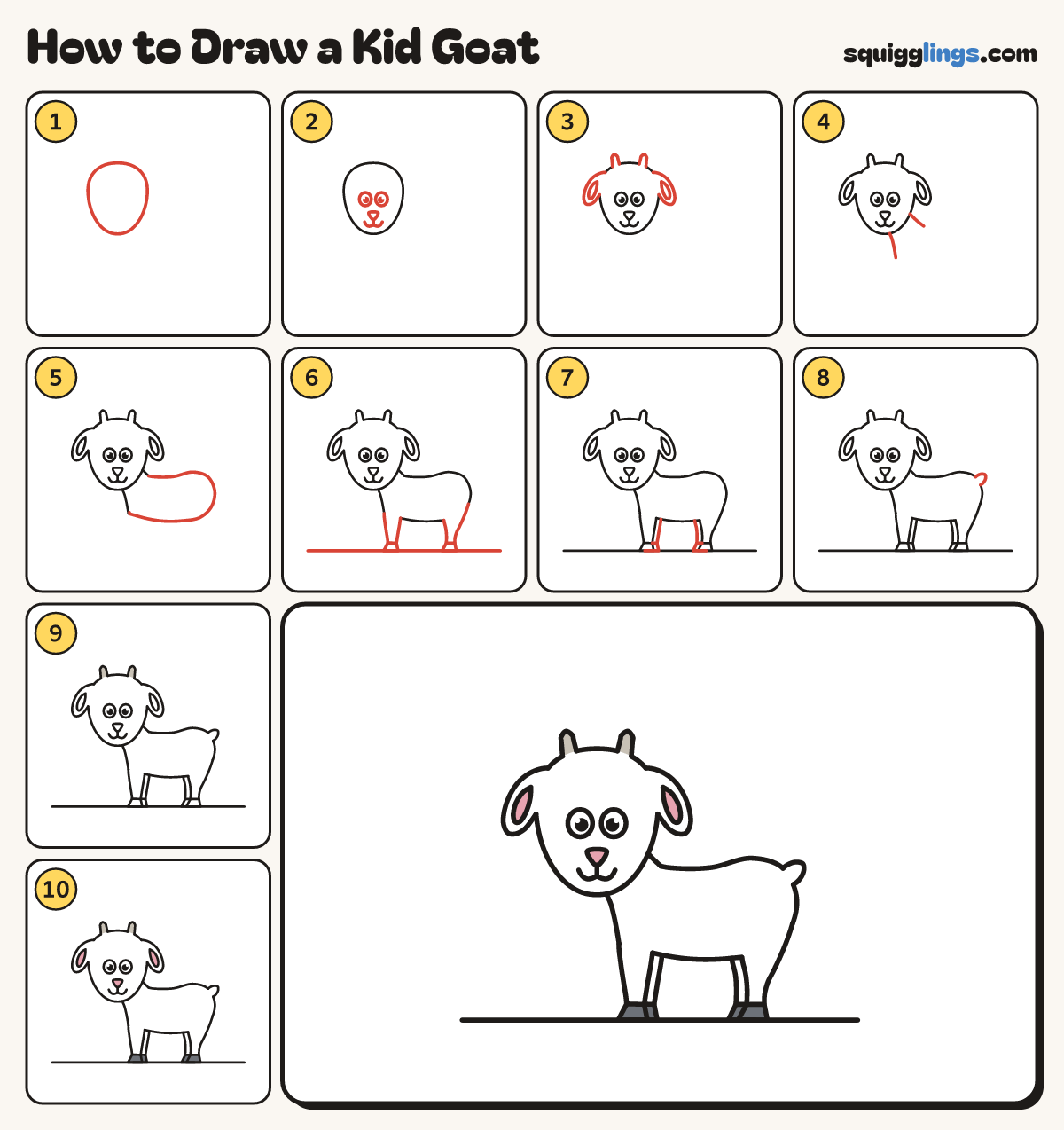 How to Draw a Kid Goat step by step: all 10 steps in one picture