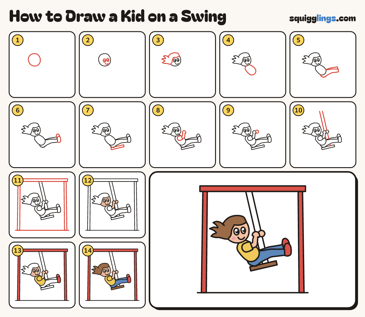 How to Draw a Kid on a Swing step by step: all 14 steps in one picture
