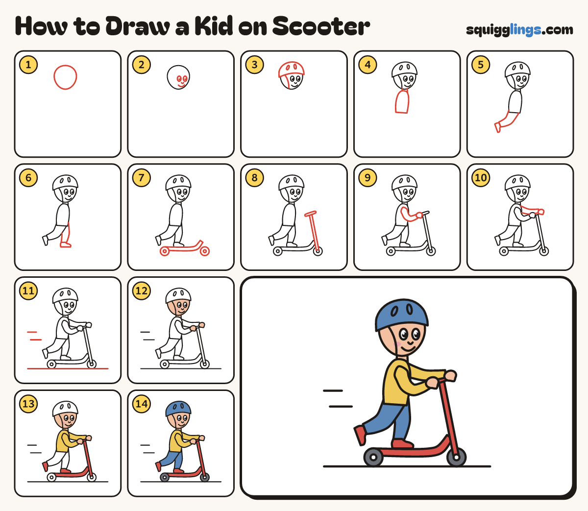 How to Draw a Kid on Scooter step by step: all 14 steps in one picture