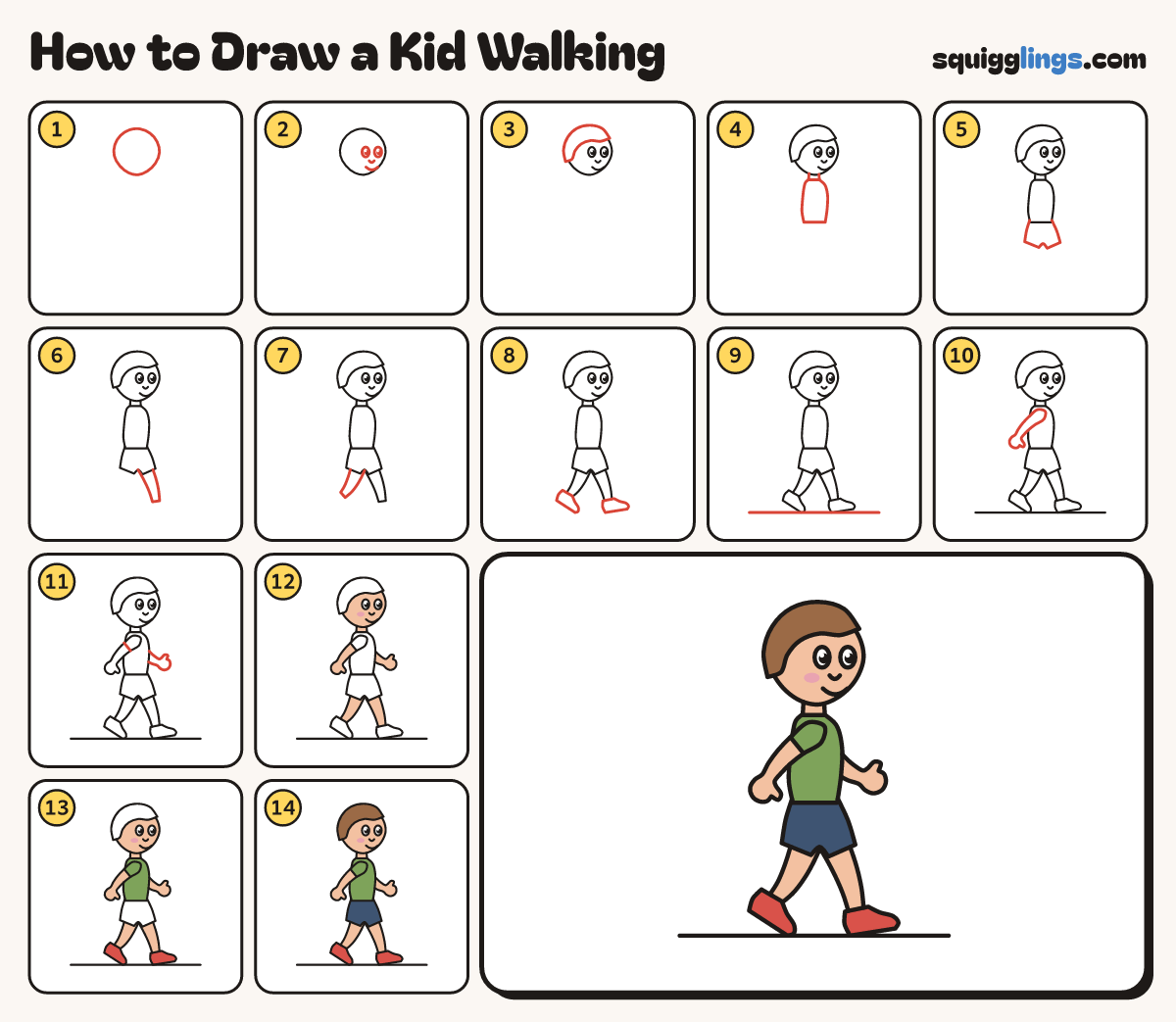 How to Draw a Kid Walking step by step: all 14 steps in one picture