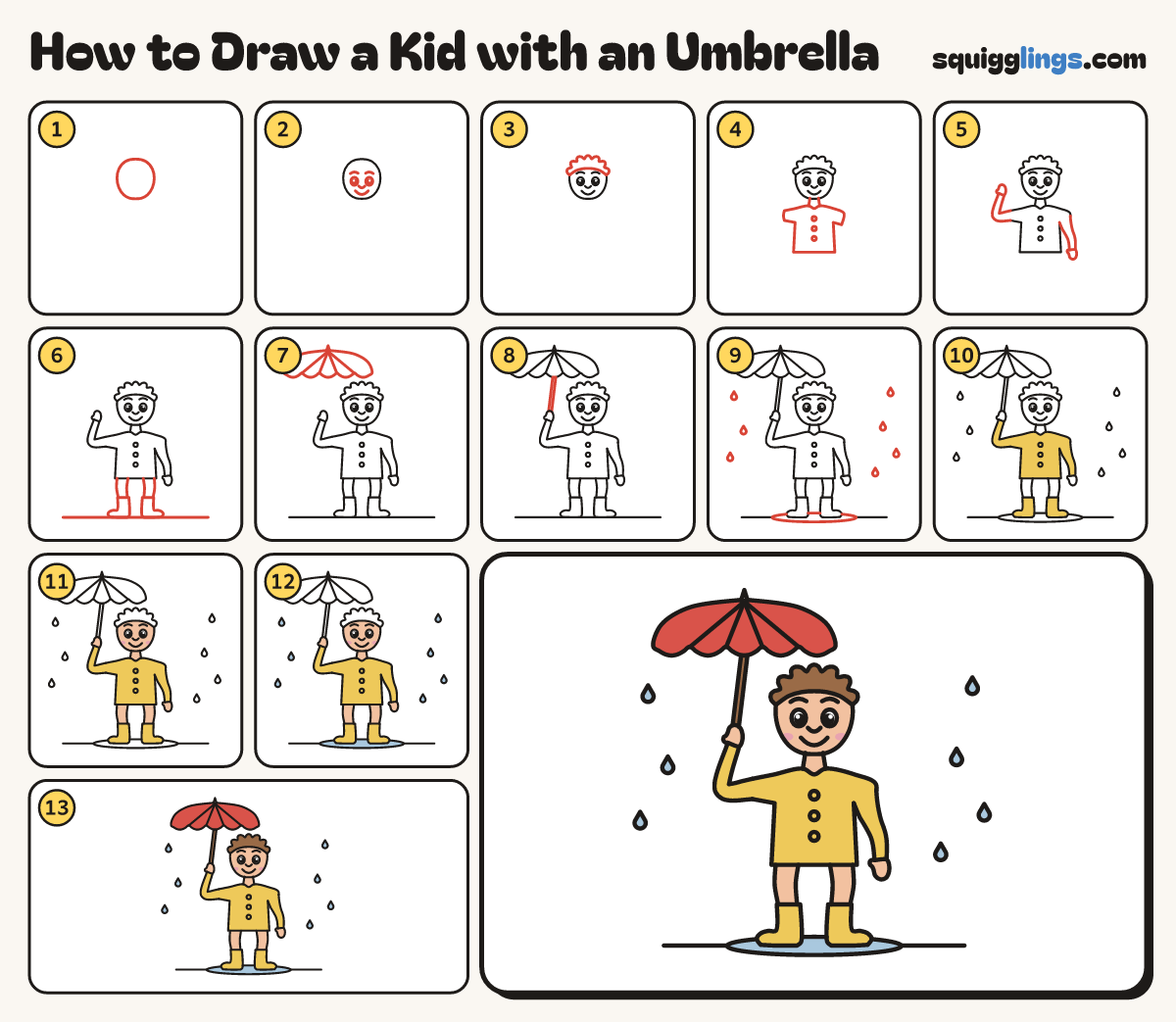 How to Draw a Kid with an Umbrella step by step: all 13 steps in one picture