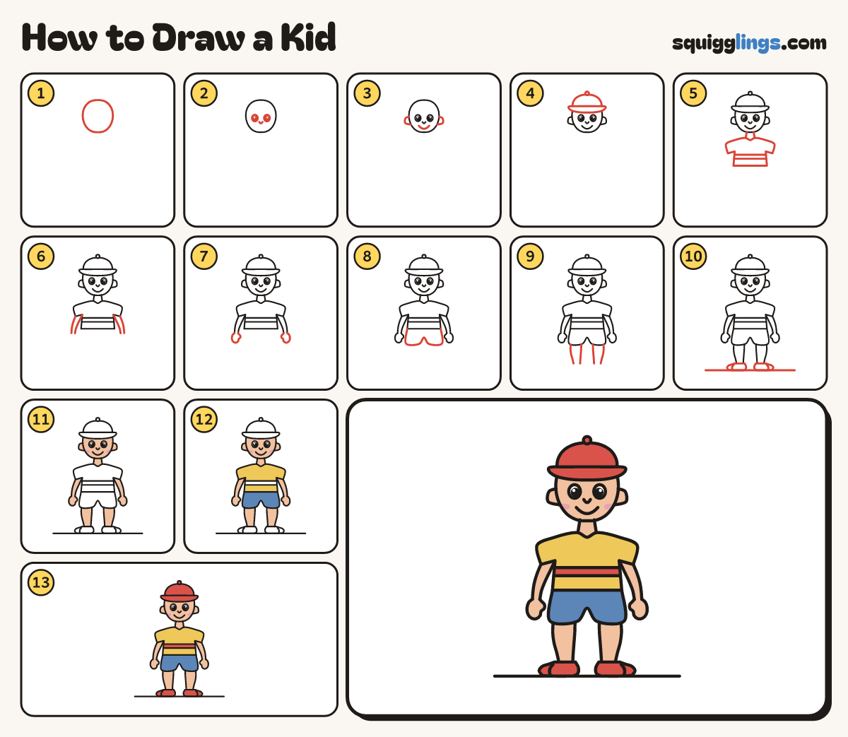 How to Draw a Kid step by step: all 13 steps in one picture