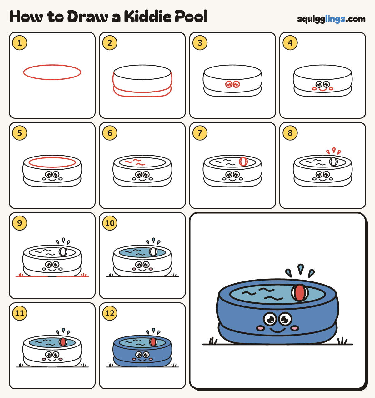 How to Draw a Kiddie Pool step by step: all 12 steps in one picture