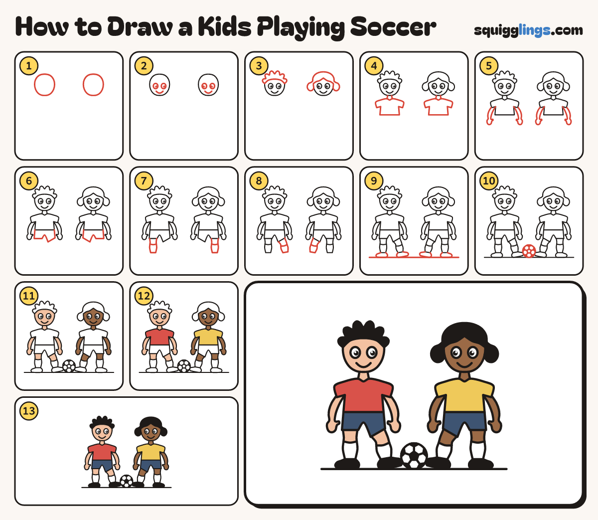 How to Draw a Kids Playing Soccer step by step: all 13 steps in one picture