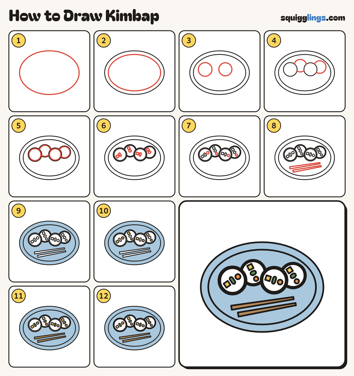 How to Draw Kimbap step by step: all 12 steps in one picture