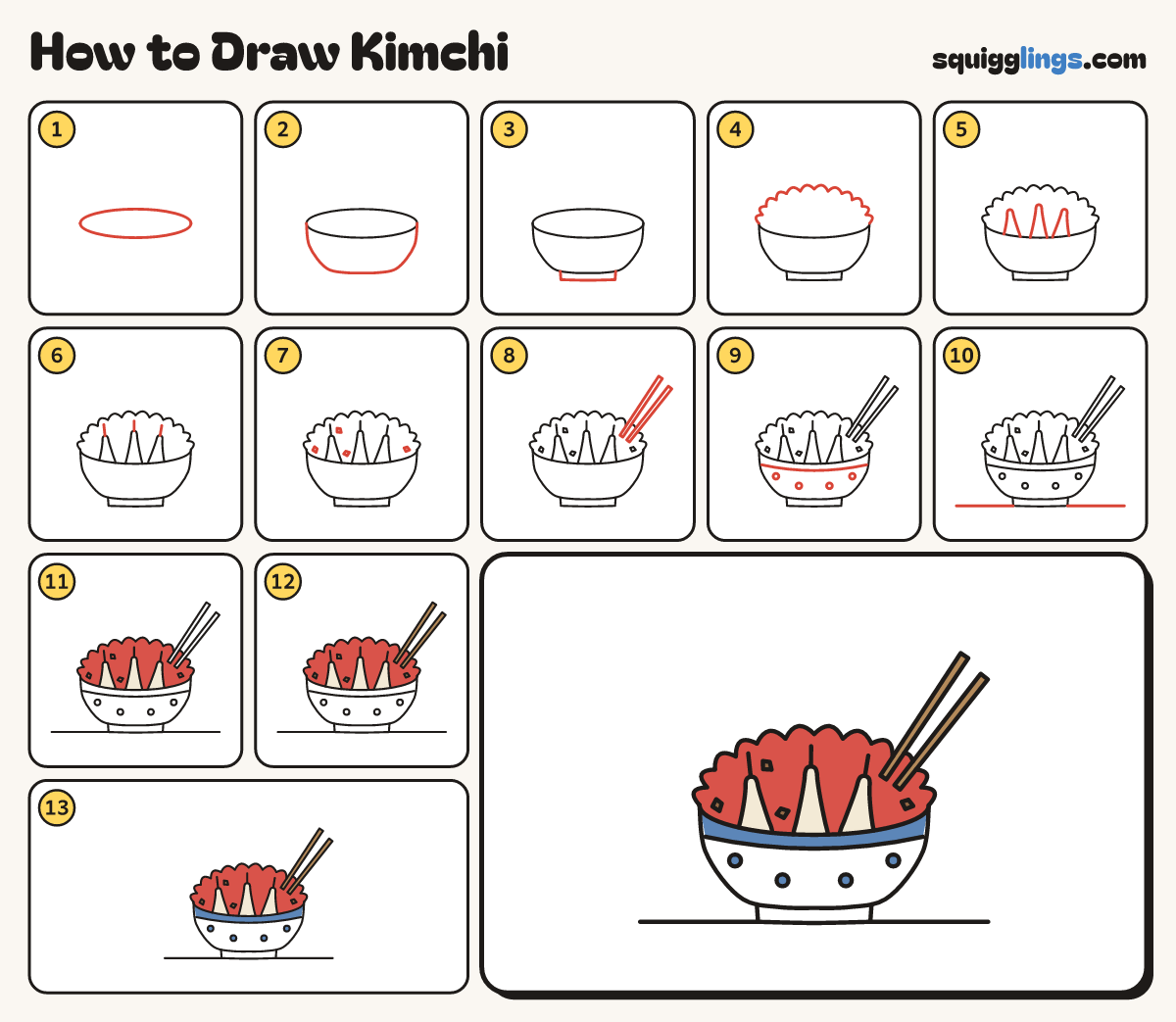 How to Draw Kimchi step by step: all 13 steps in one picture