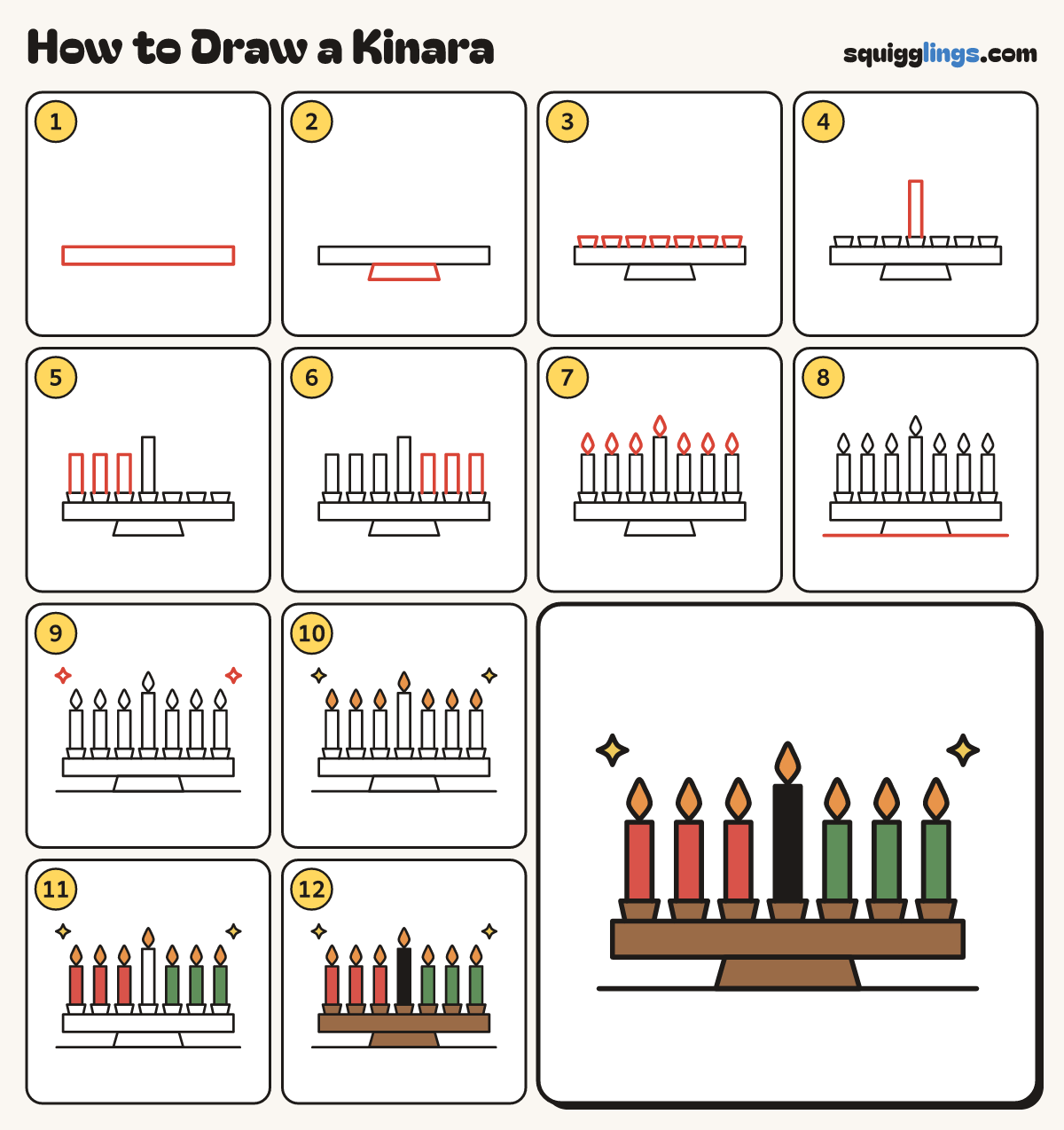 How to Draw a Kinara step by step: all 12 steps in one picture
