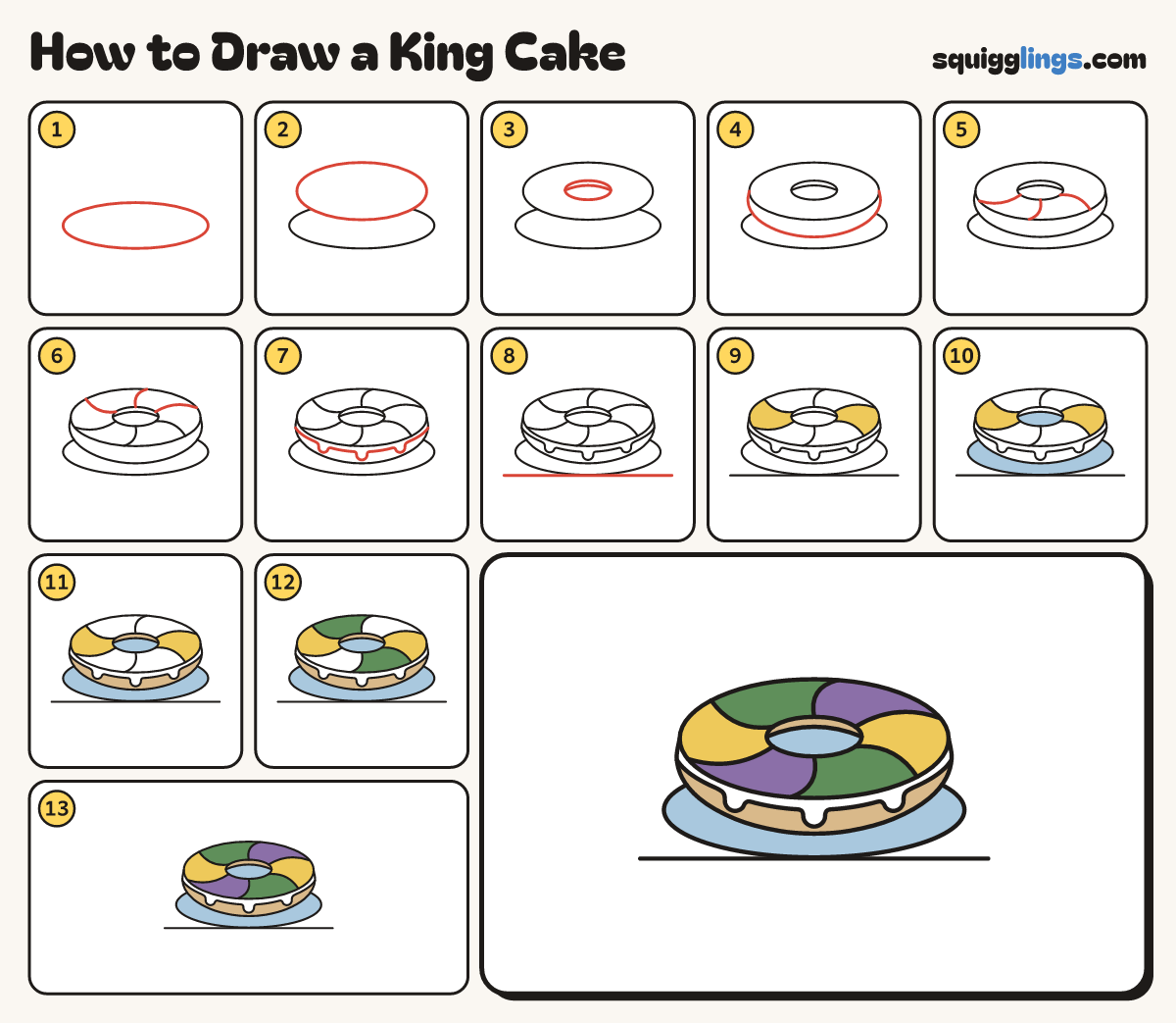 How to Draw a King Cake step by step: all 13 steps in one picture