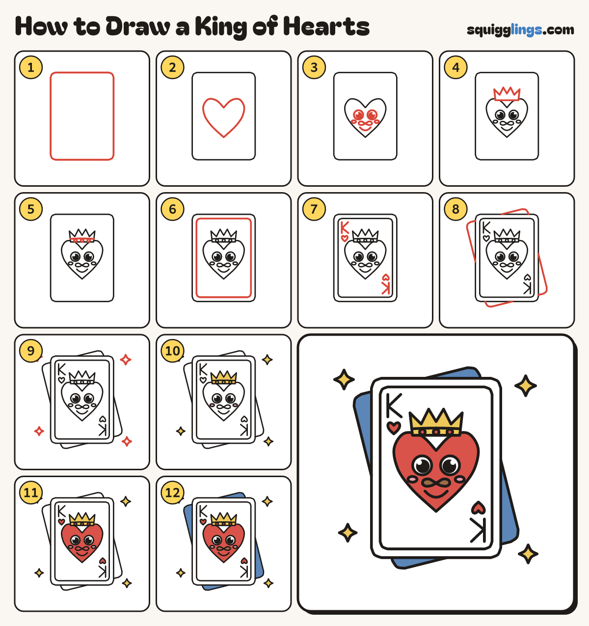 How to Draw a King of Hearts step by step: all 12 steps in one picture