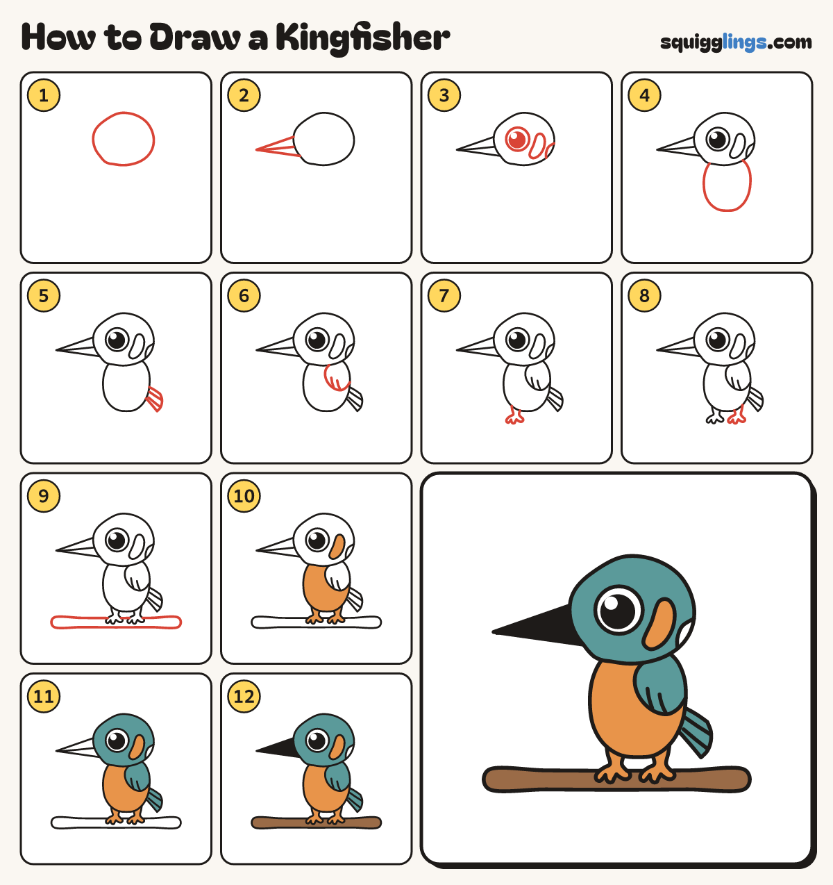 How to Draw a Kingfisher step by step: all 12 steps in one picture