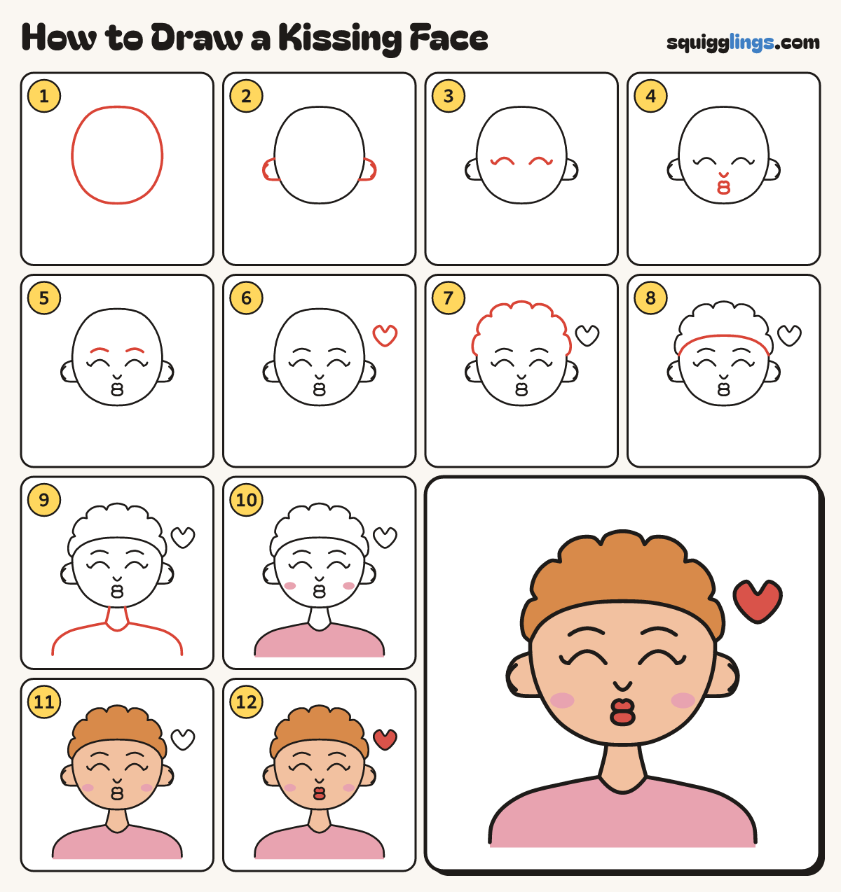 How to Draw a Kissing Face step by step: all 12 steps in one picture