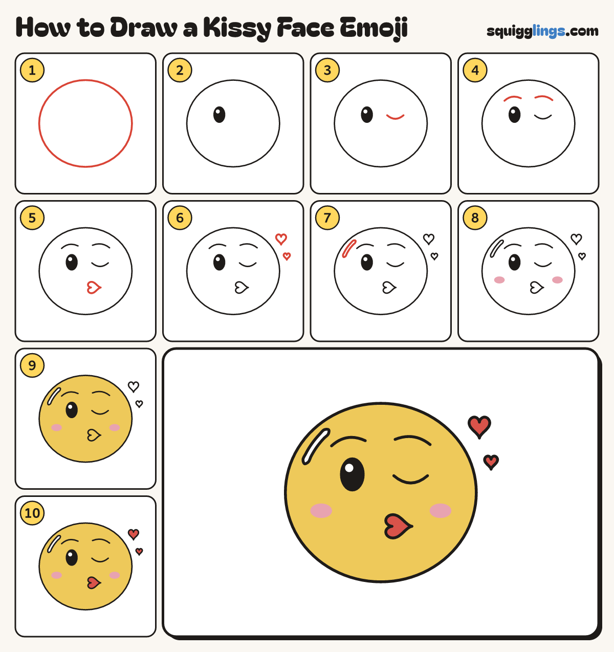 How to Draw a Kissy Face Emoji step by step: all 10 steps in one picture