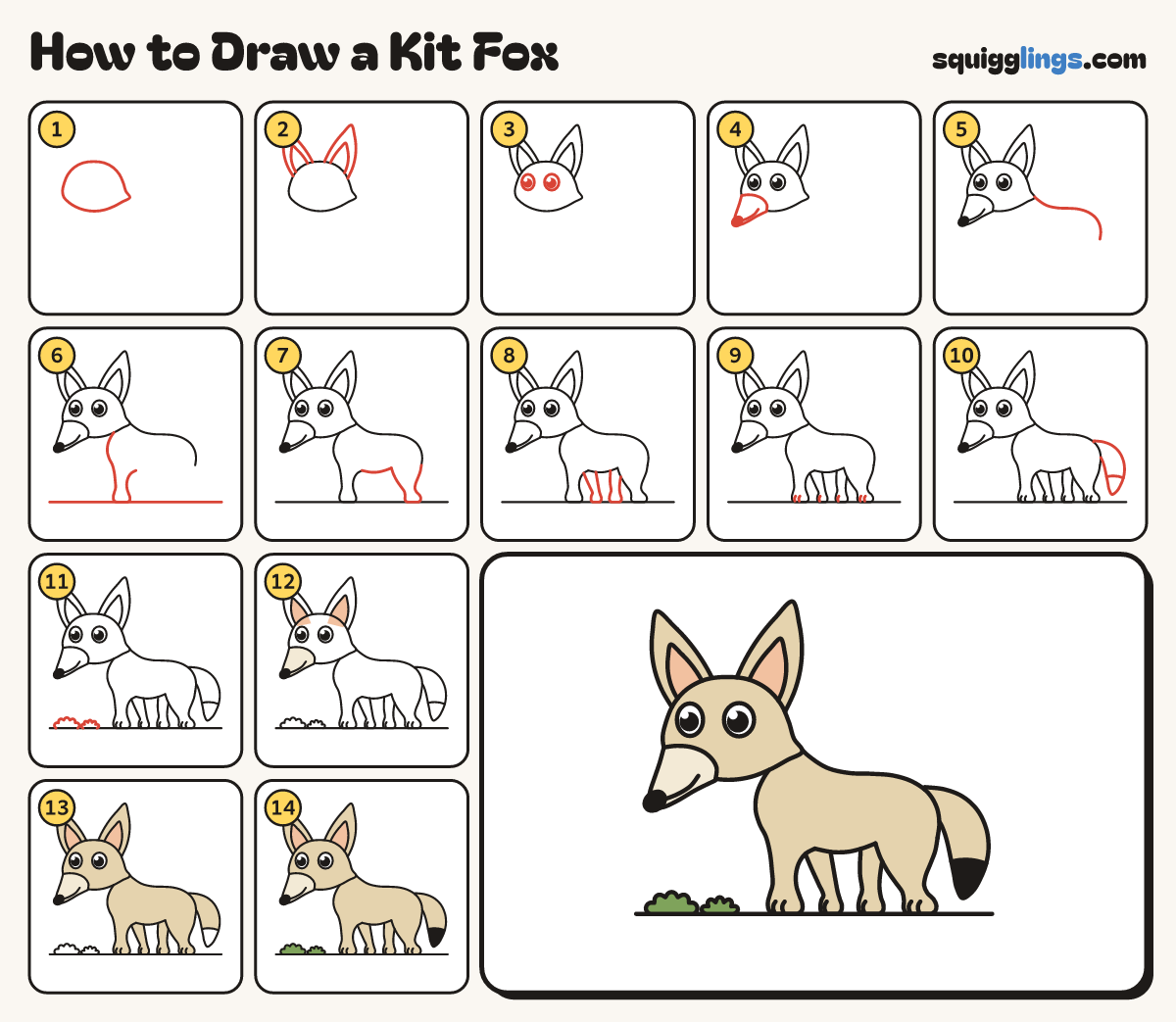 How to Draw a Kit Fox step by step: all 14 steps in one picture