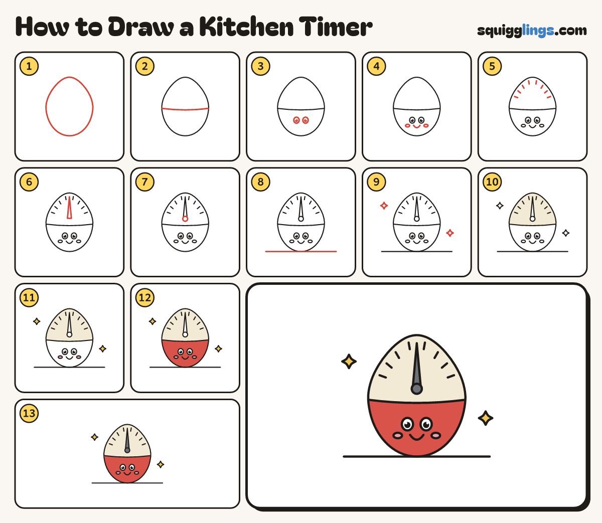 How to Draw a Kitchen Timer step by step: all 13 steps in one picture