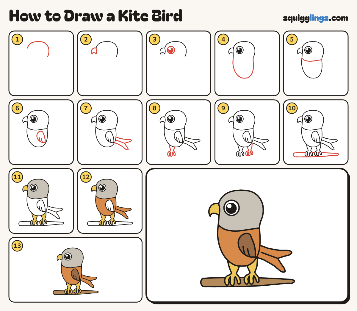 How to Draw a Kite Bird step by step: all 13 steps in one picture