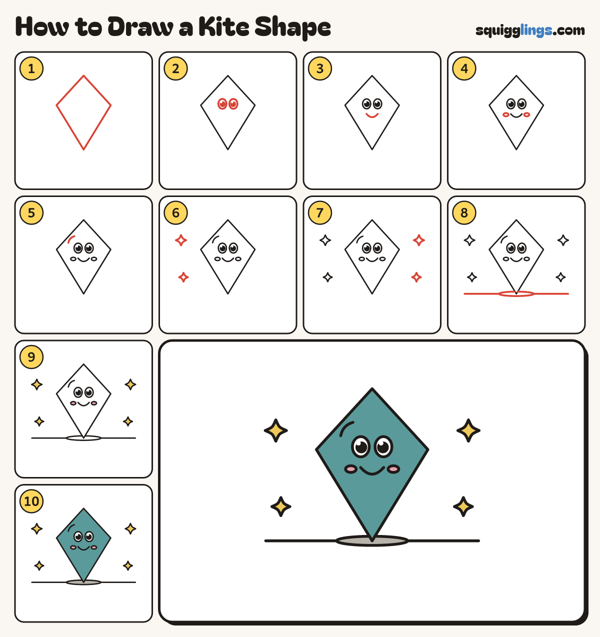 How to Draw a Kite Shape step by step: all 10 steps in one picture