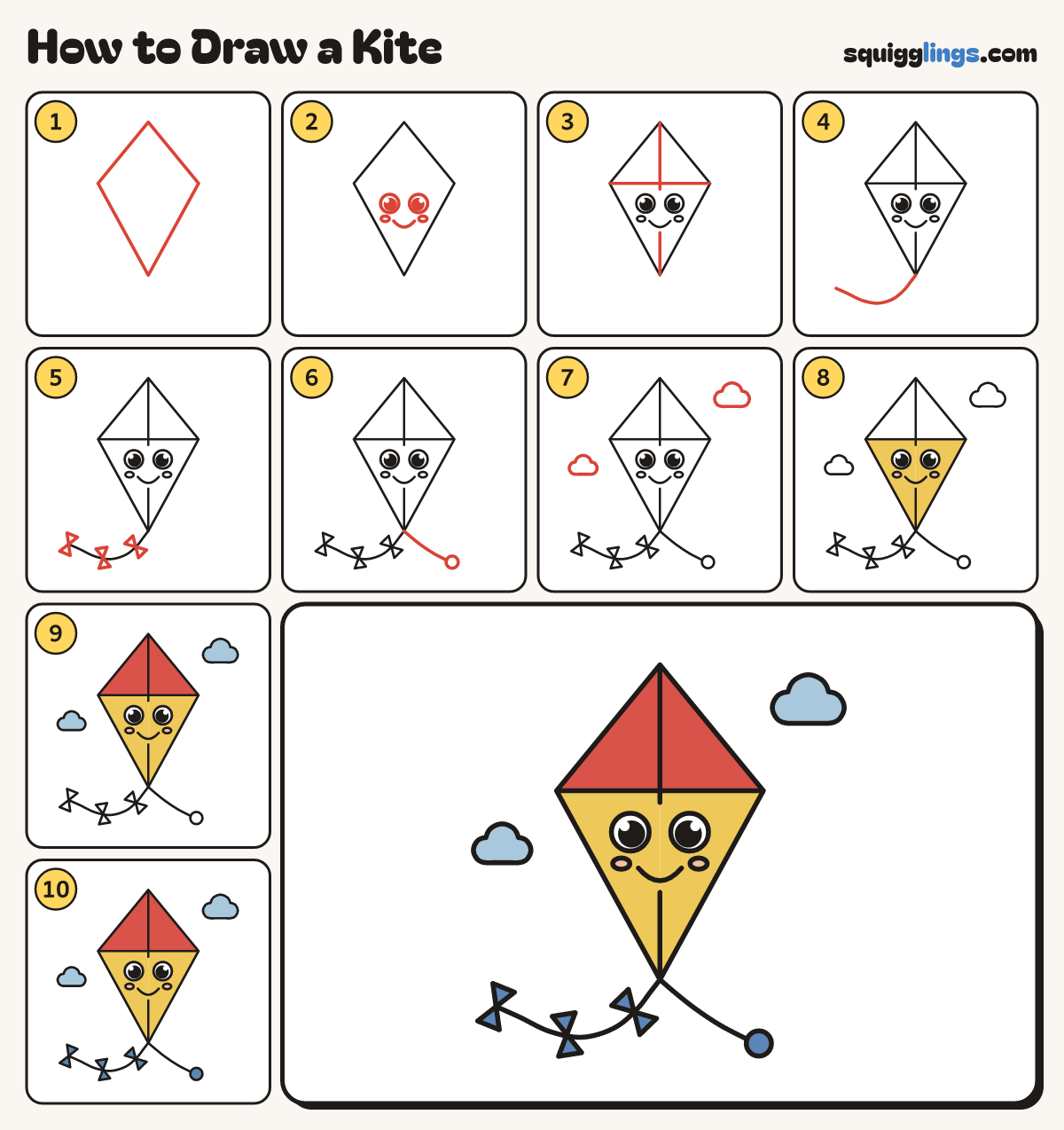 How to Draw a Kite step by step: all 10 steps in one picture