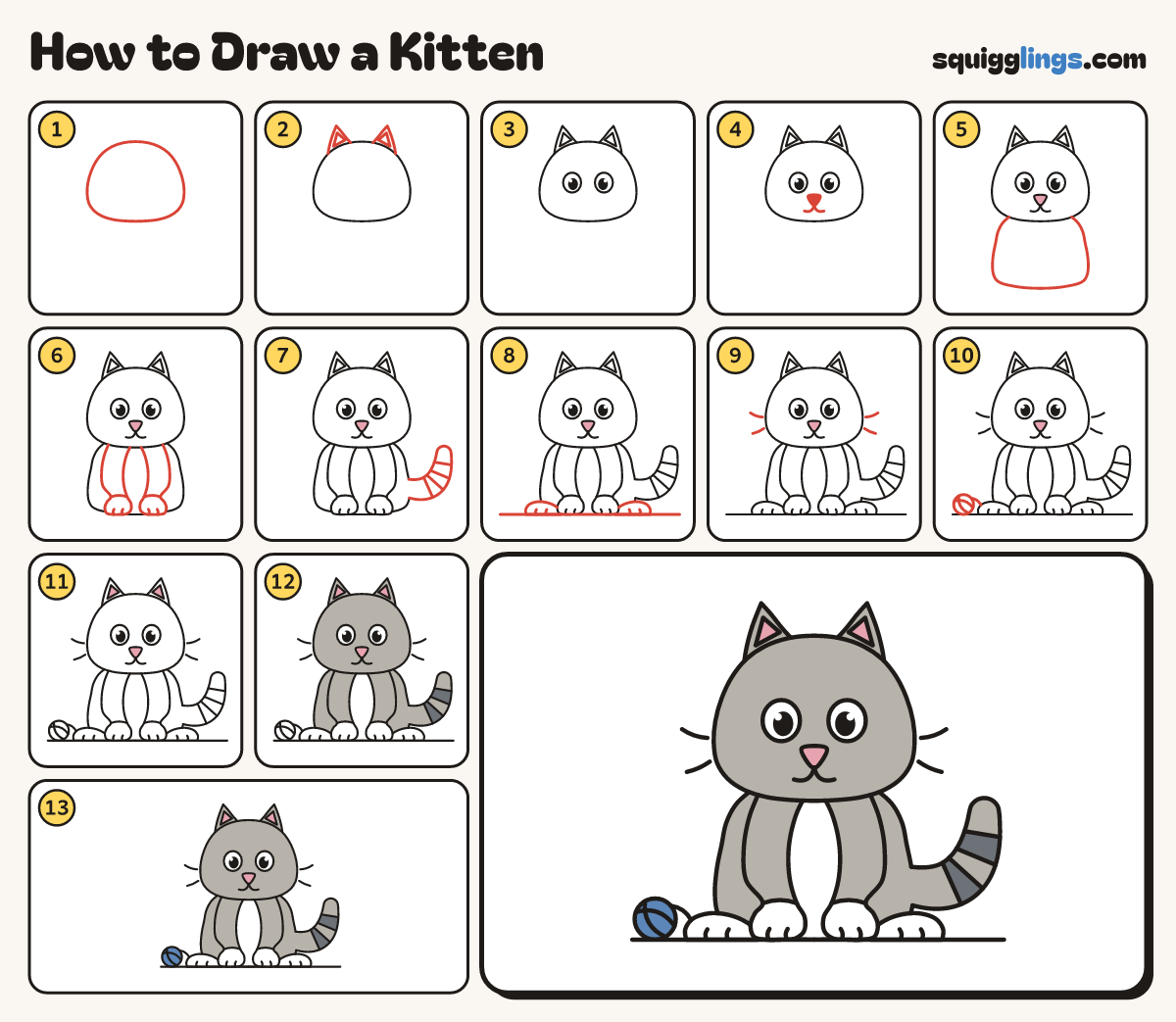 How to Draw a Kitten step by step: all 13 steps in one picture