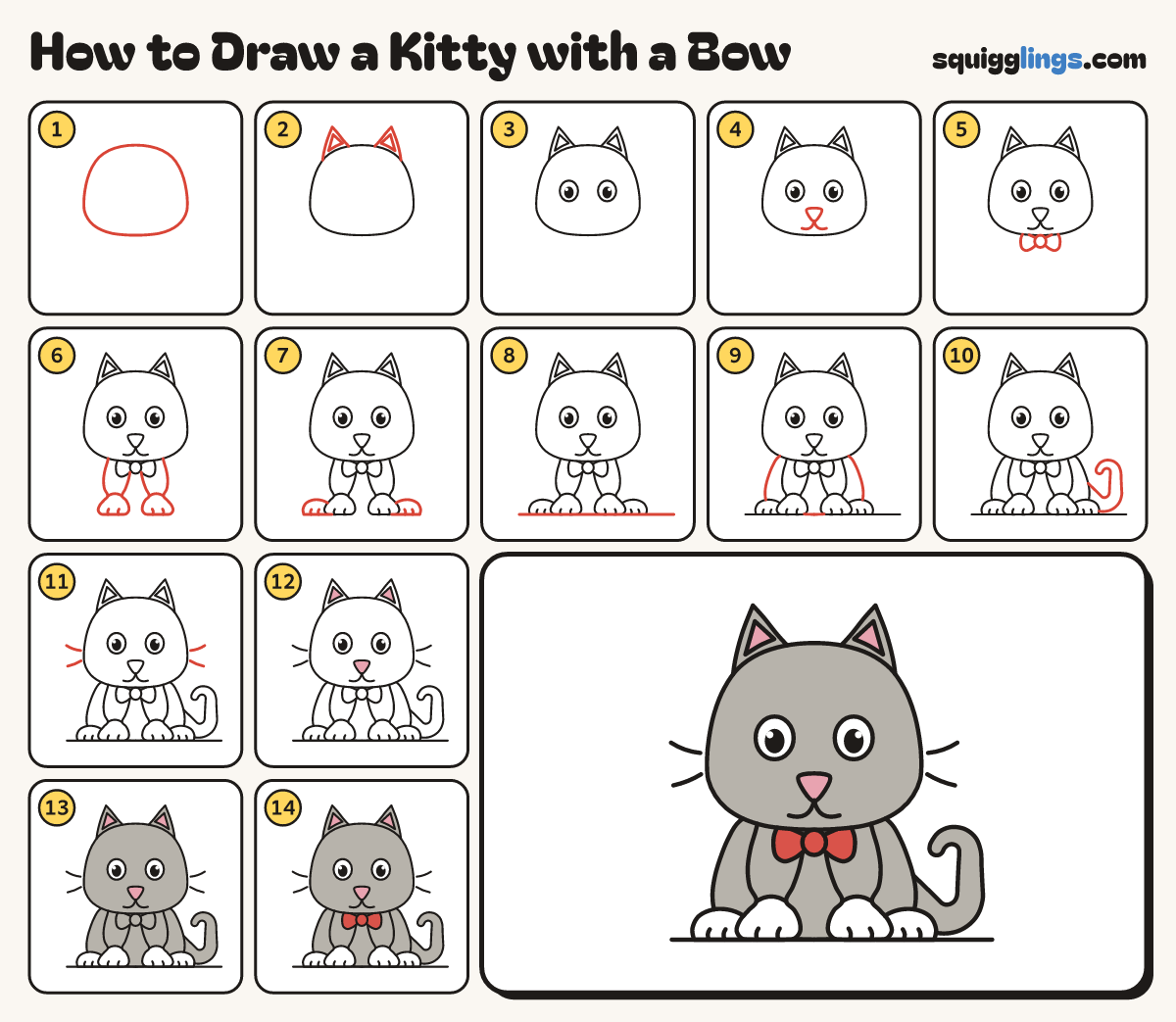 How to Draw a Kitty with a Bow step by step: all 14 steps in one picture