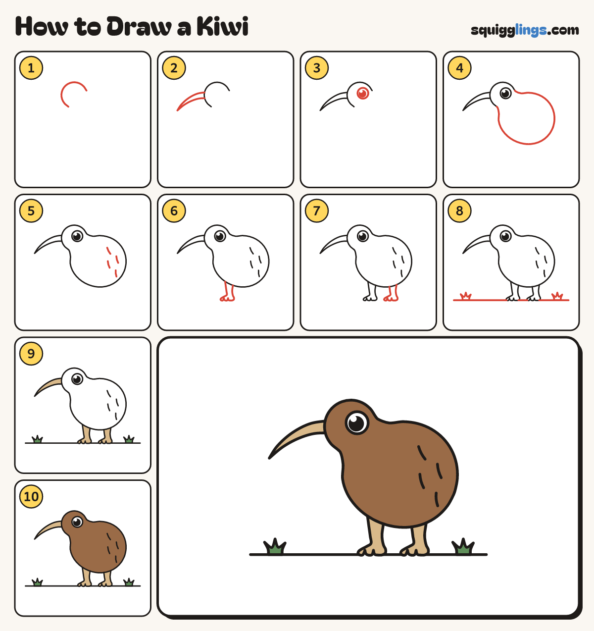 How to Draw a Kiwi step by step: all 10 steps in one picture