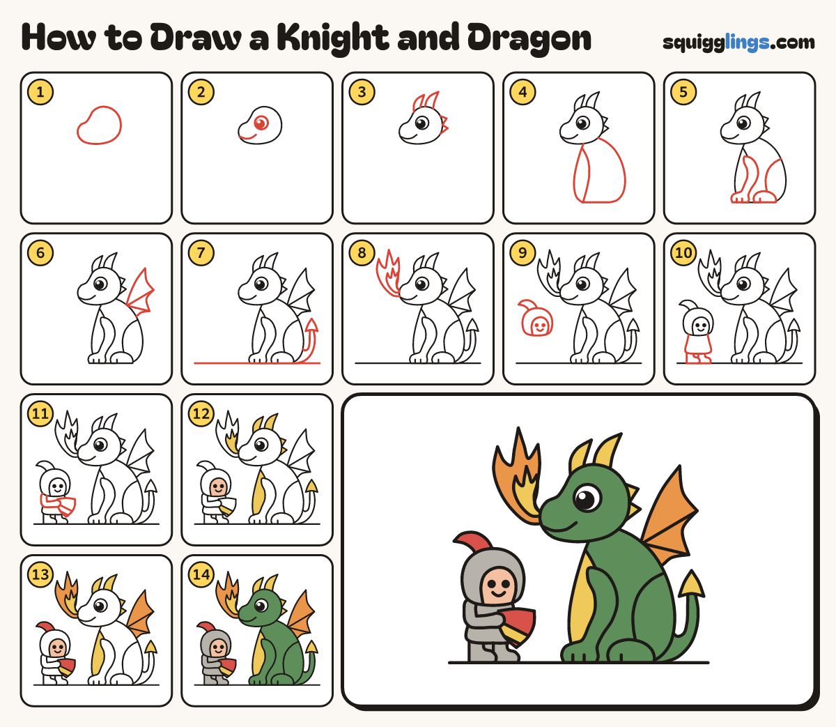 How to Draw a Knight and Dragon step by step: all 14 steps in one picture