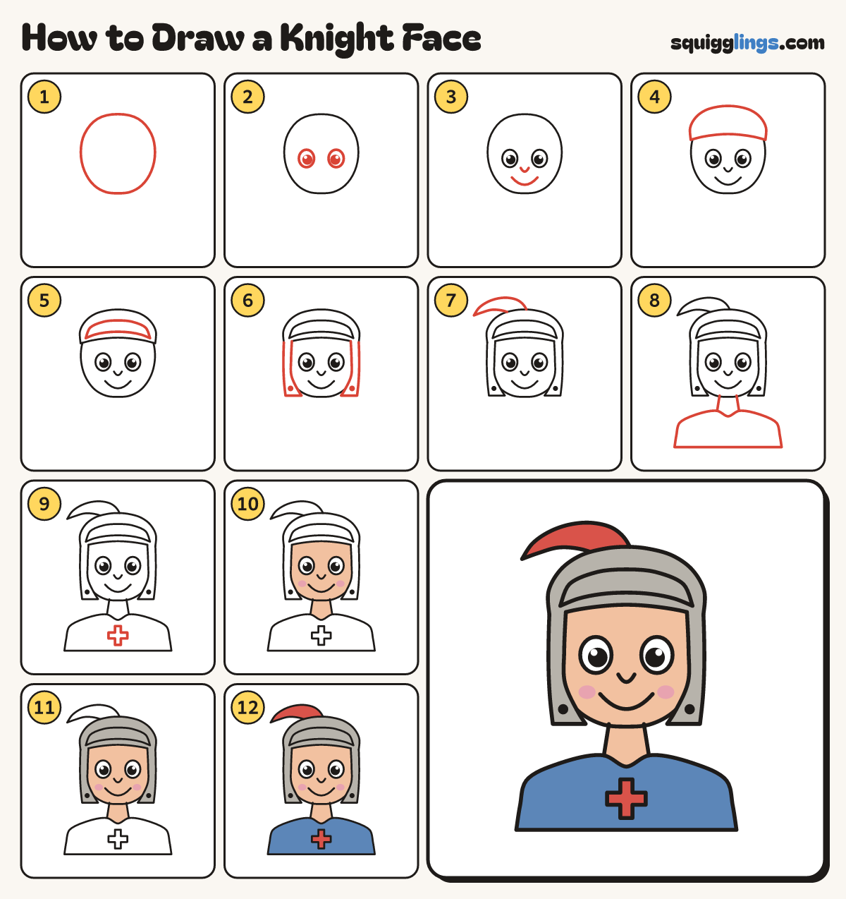 How to Draw a Knight Face step by step: all 12 steps in one picture