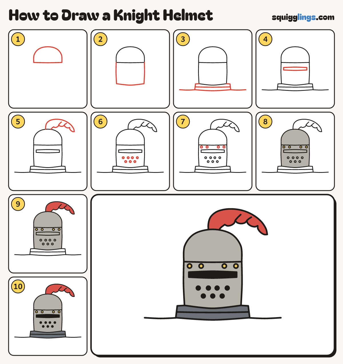 How to Draw a Knight Helmet step by step: all 10 steps in one picture