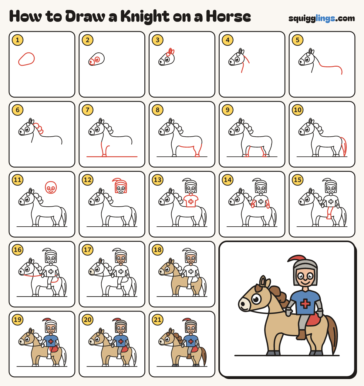 How to Draw a Knight on a Horse step by step: all 21 steps in one picture
