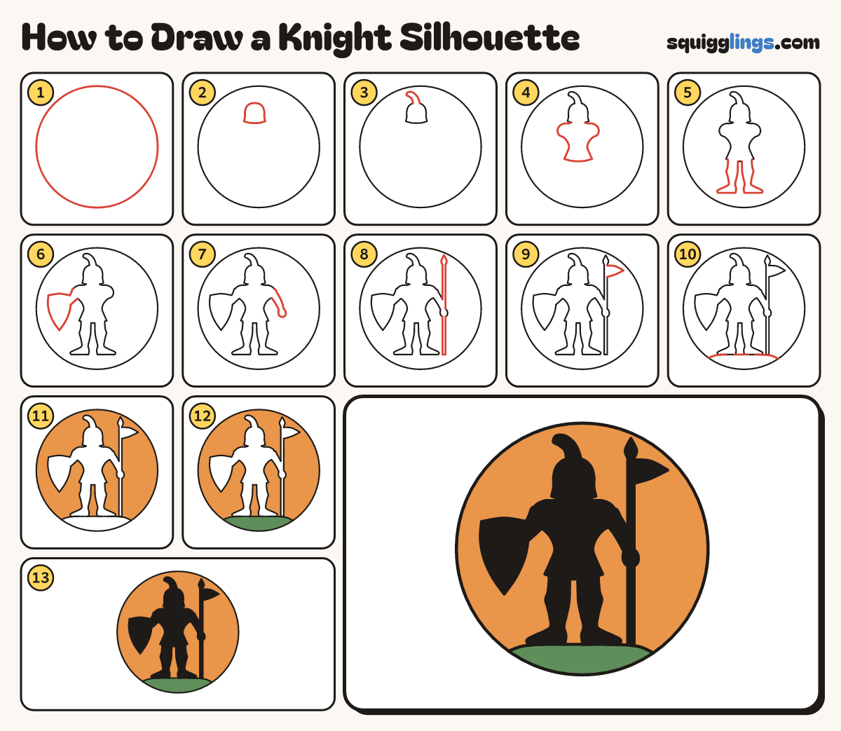 How to Draw a Knight Silhouette step by step: all 13 steps in one picture