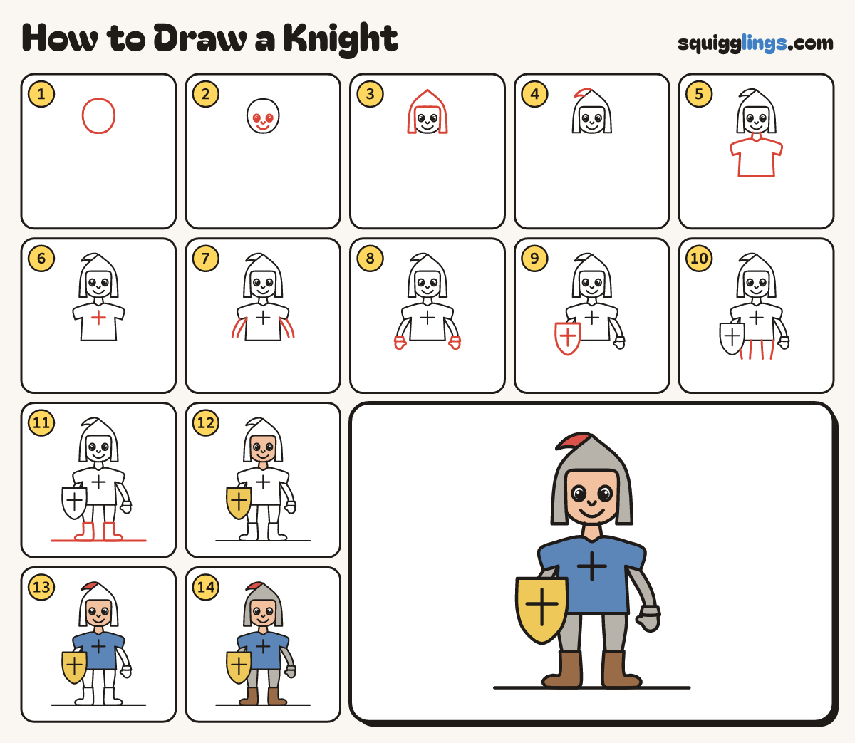 How to Draw a Knight step by step: all 14 steps in one picture
