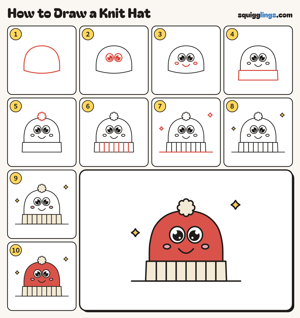 How to Draw a Knit Hat step by step: all 10 steps in one picture