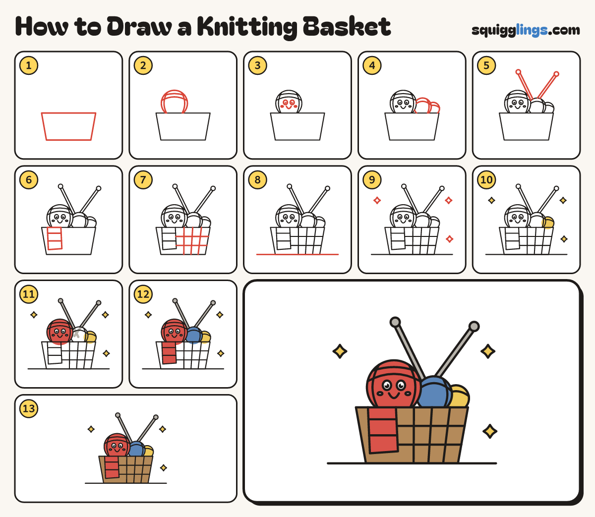 How to Draw a Knitting Basket step by step: all 13 steps in one picture