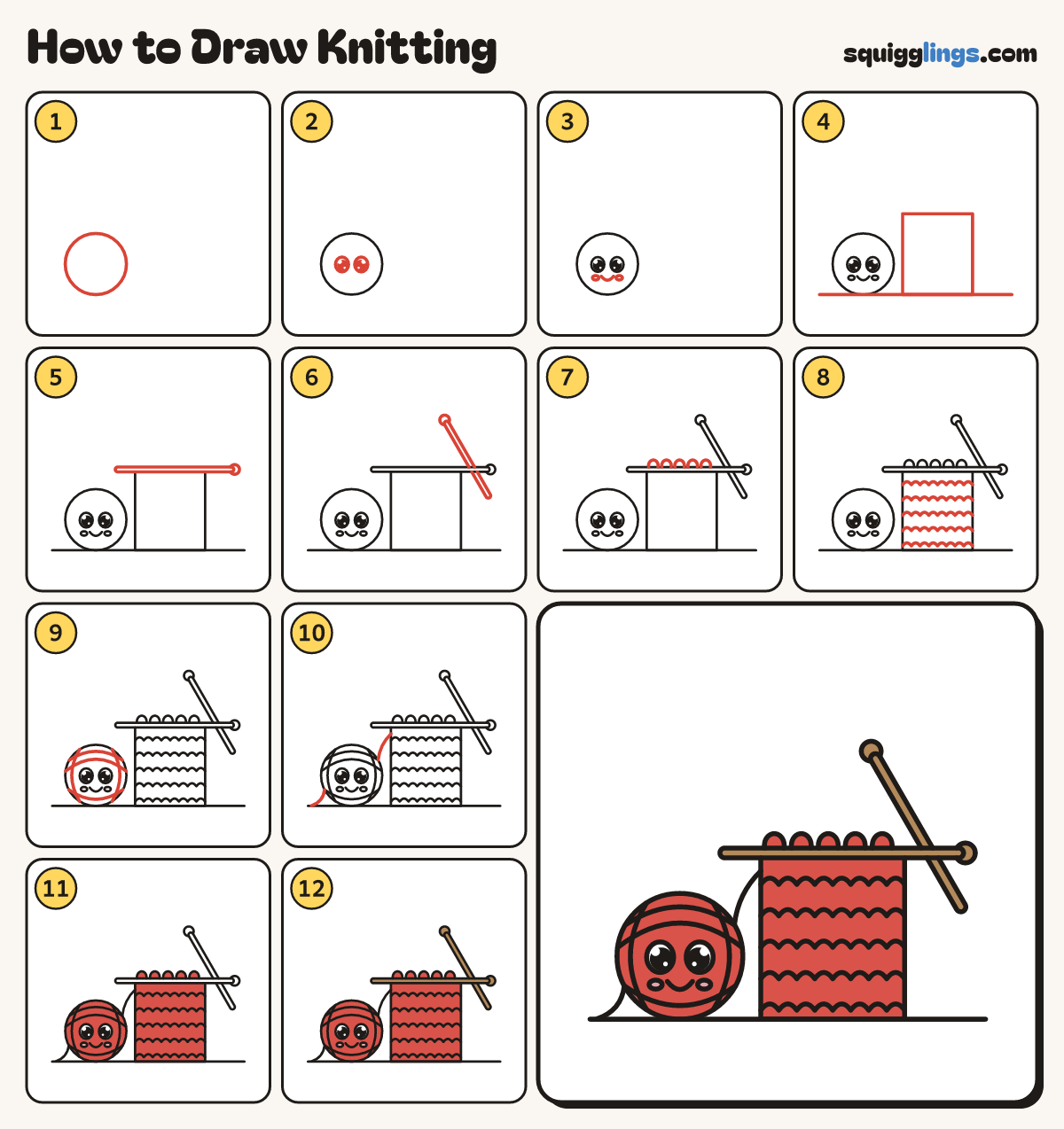 How to Draw Knitting step by step: all 12 steps in one picture